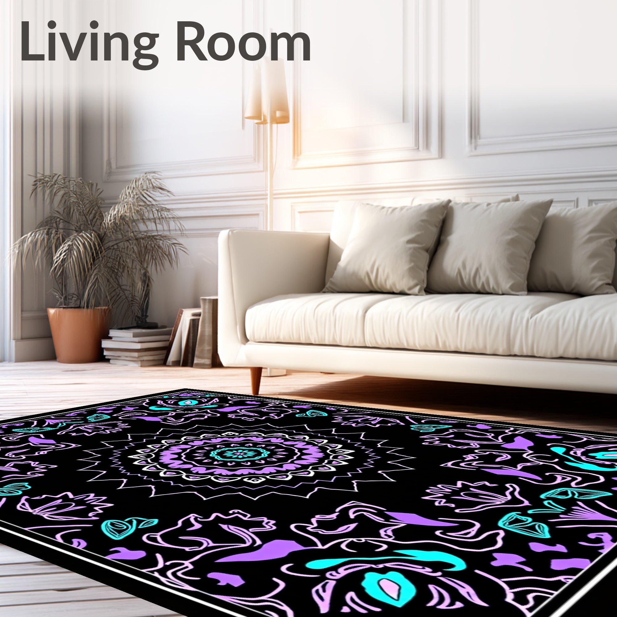Vibrant Purple Teal Mandala Black Rug