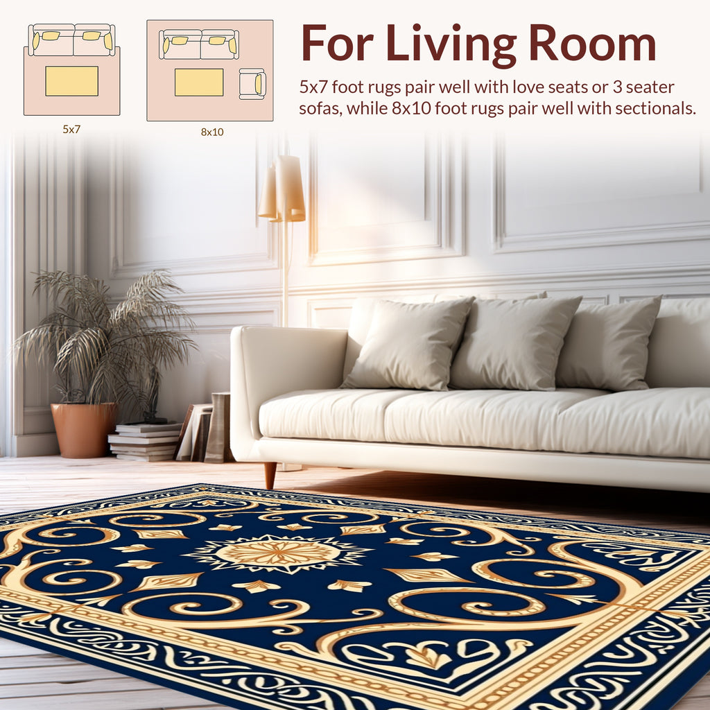 Classic Floral Swirls Navy and Gold Rug