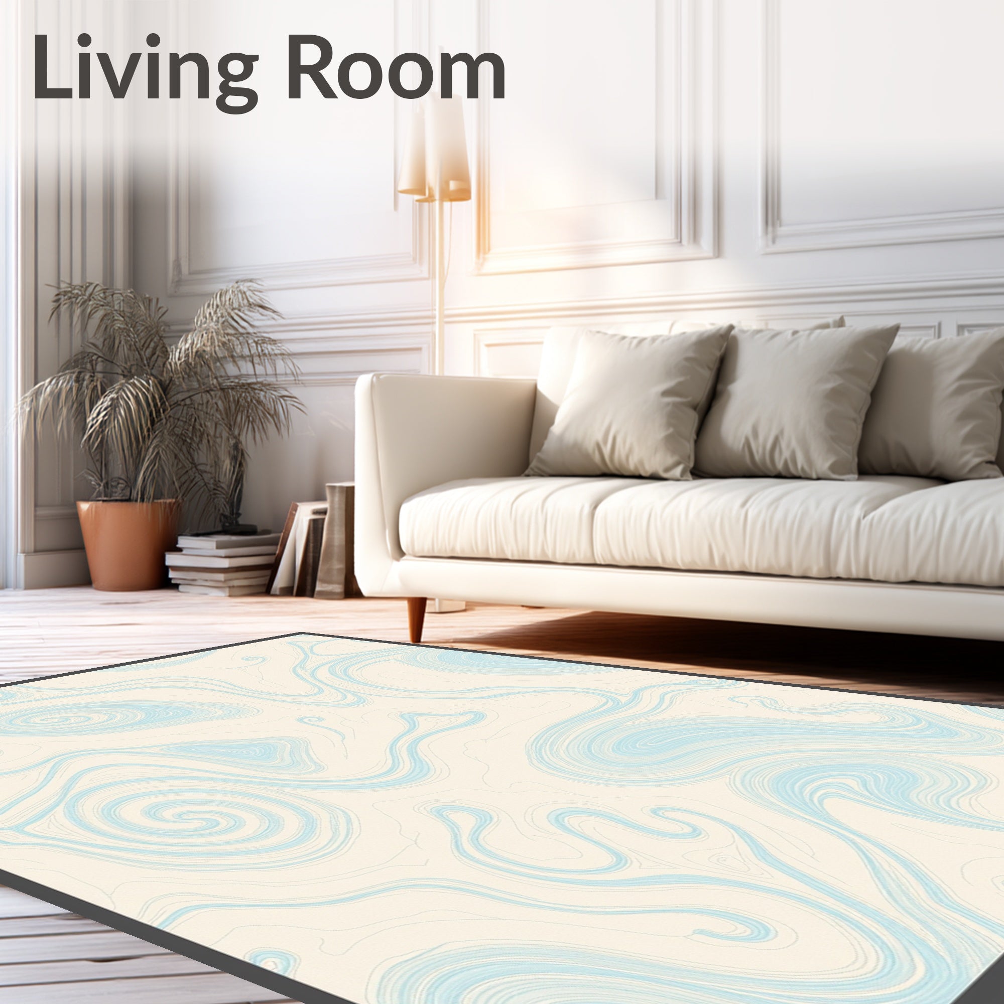 Cream And Sky Blue Swirling Ribbons Rug