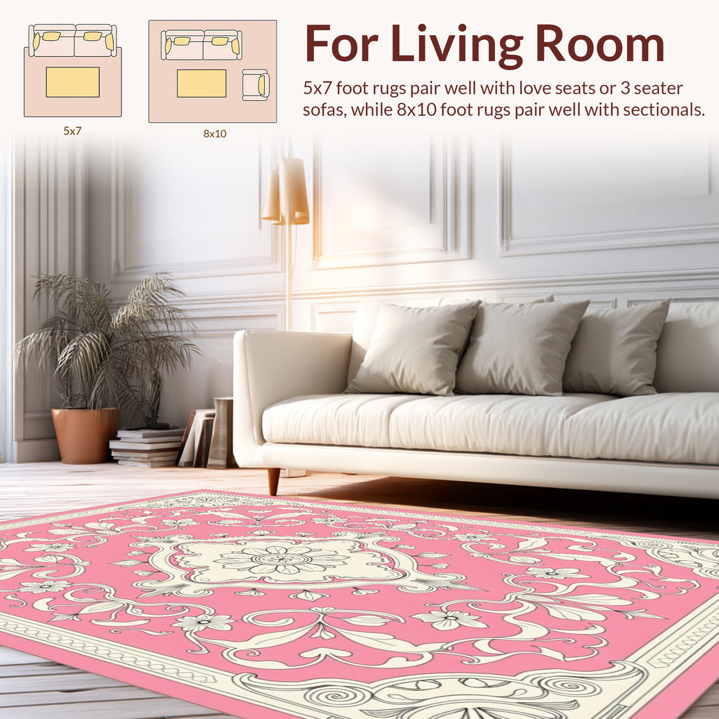 Floral Scrollwork Pink Ivory Tapestry Design Rug