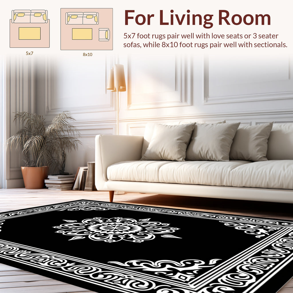 Ornate Black White Floral Frame Rug