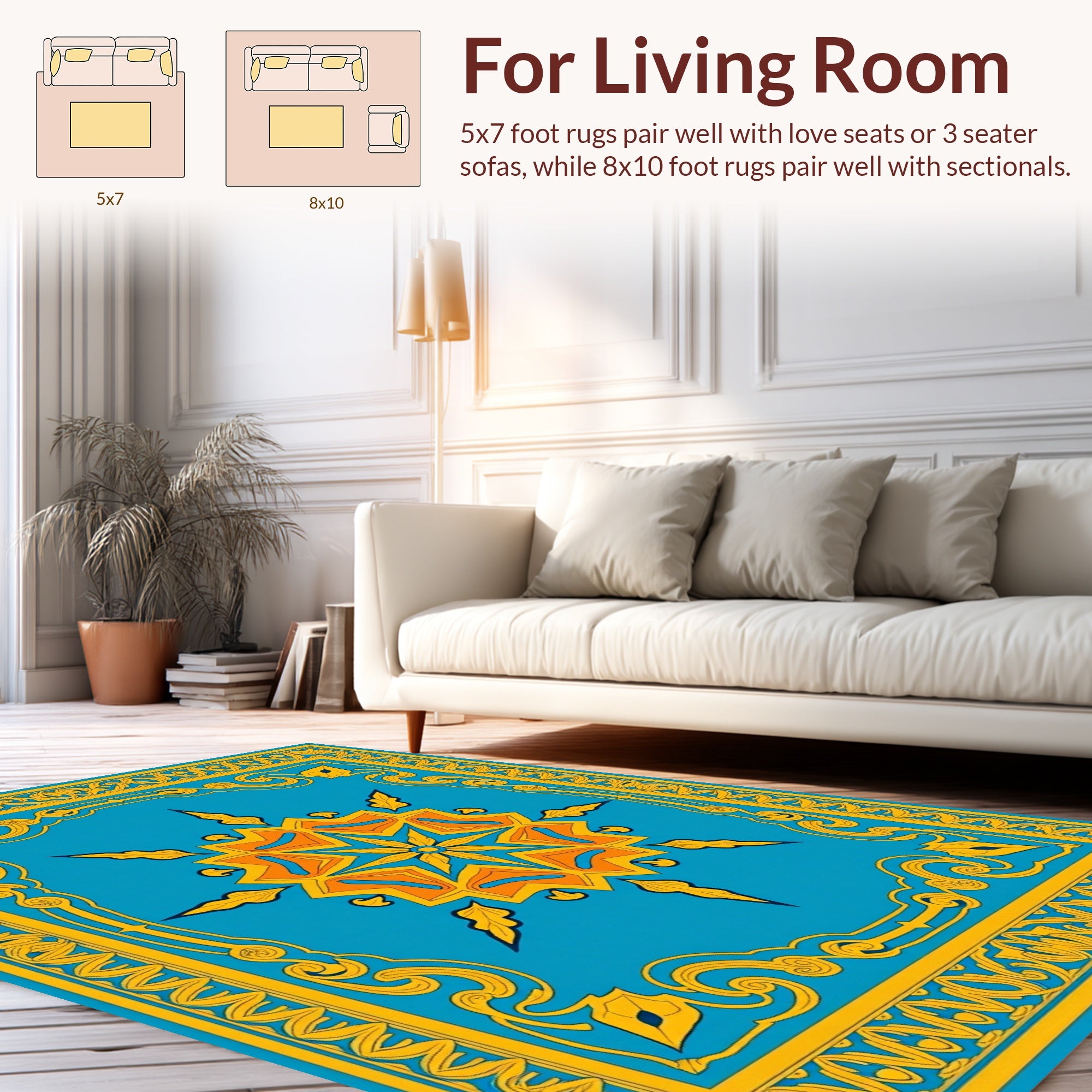 Azure and Gold Intricate Floral Mandala Rug