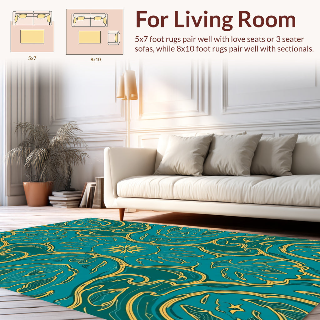 Teal Gold Ornate Art Nouveau Design Rug