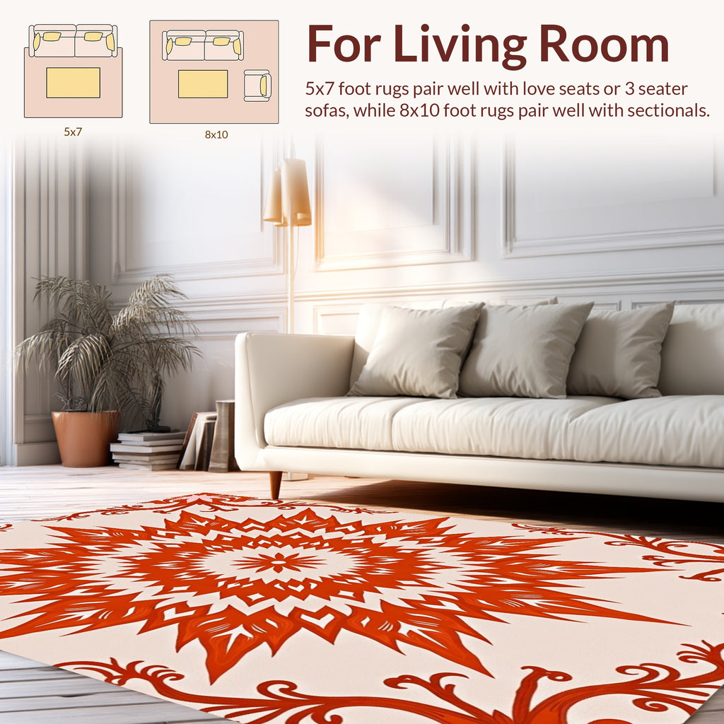 Bold Red Beige Mandala Motif Rug