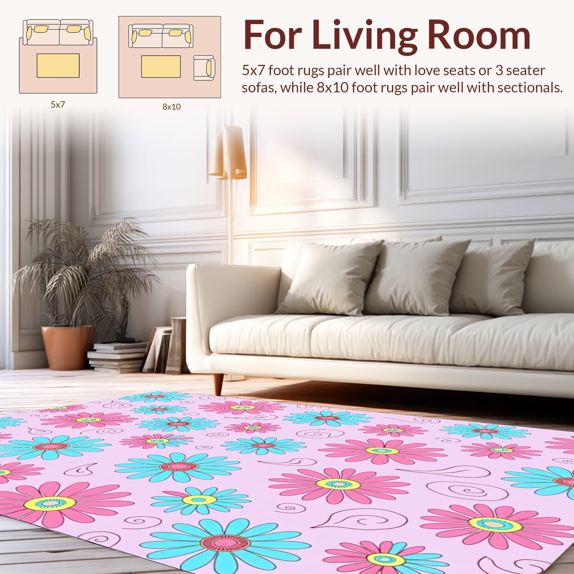 Pink Blue Daisy Pattern Rug
