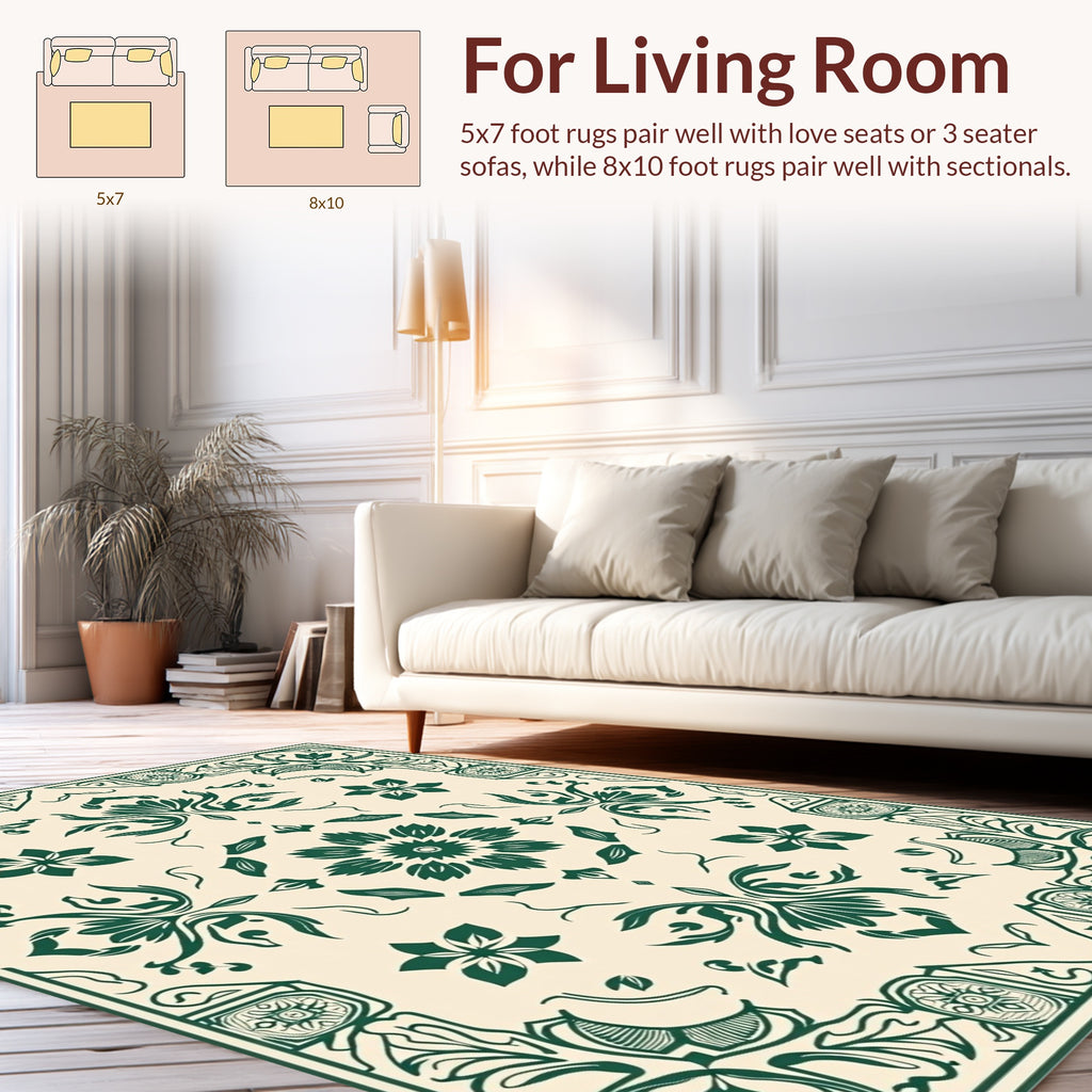 Elegant Green Floral Central Medallion Design Rug