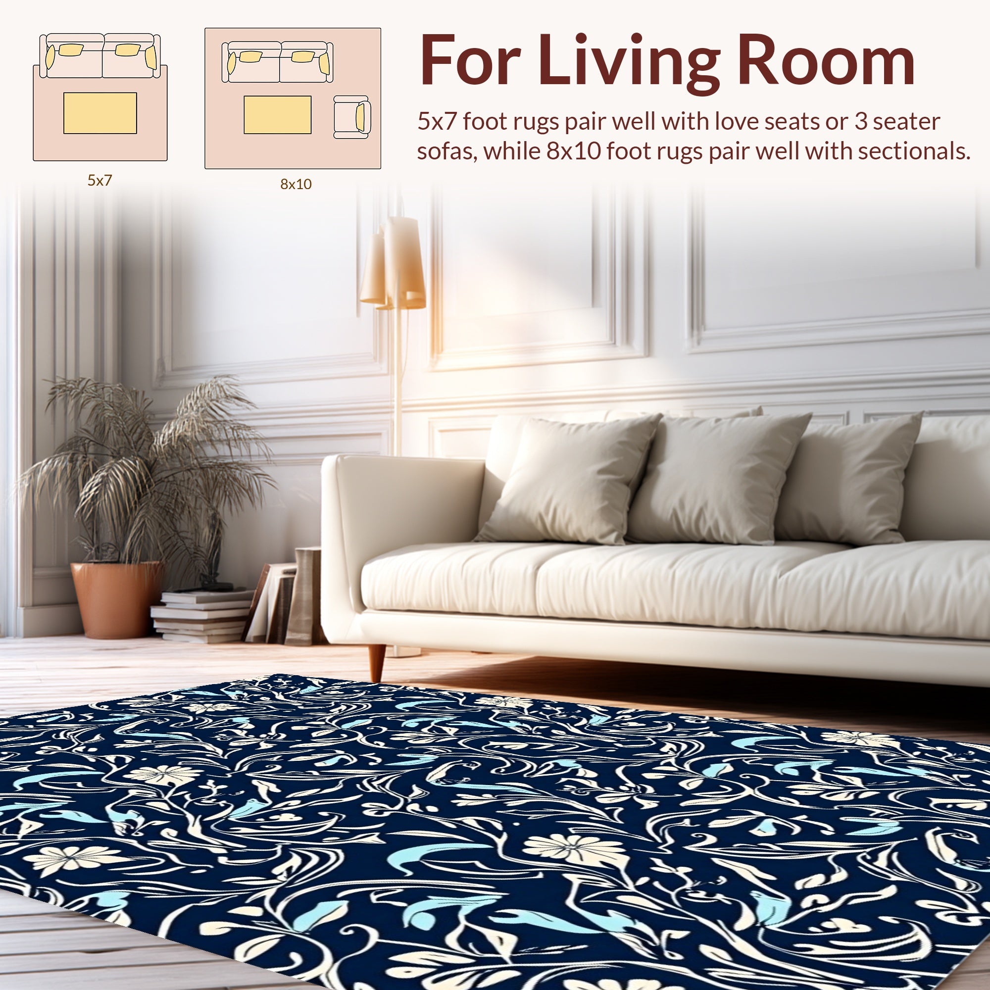 Navy Cream Blue Floral Vine Pattern Rug