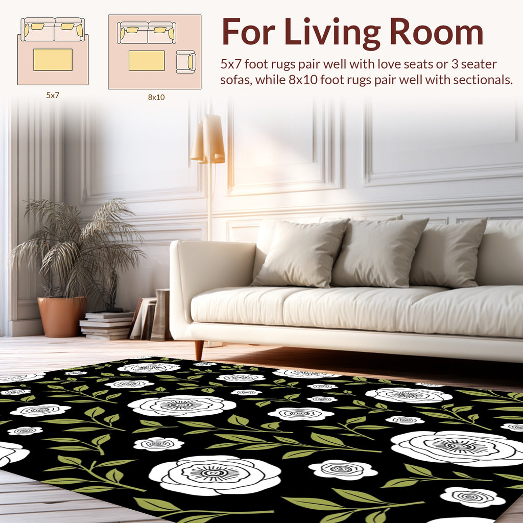 Black White Floral Branches Design Rug