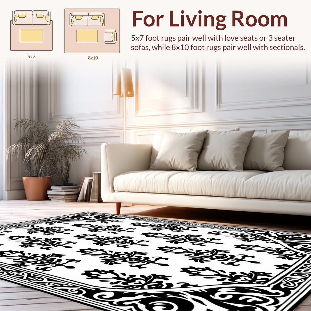 Classic Black White Damask Pattern Rug