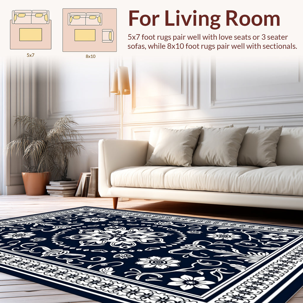 Dark Blue White Floral Medallion Design Rug