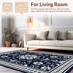 Dark Blue White Floral Medallion Design Rug