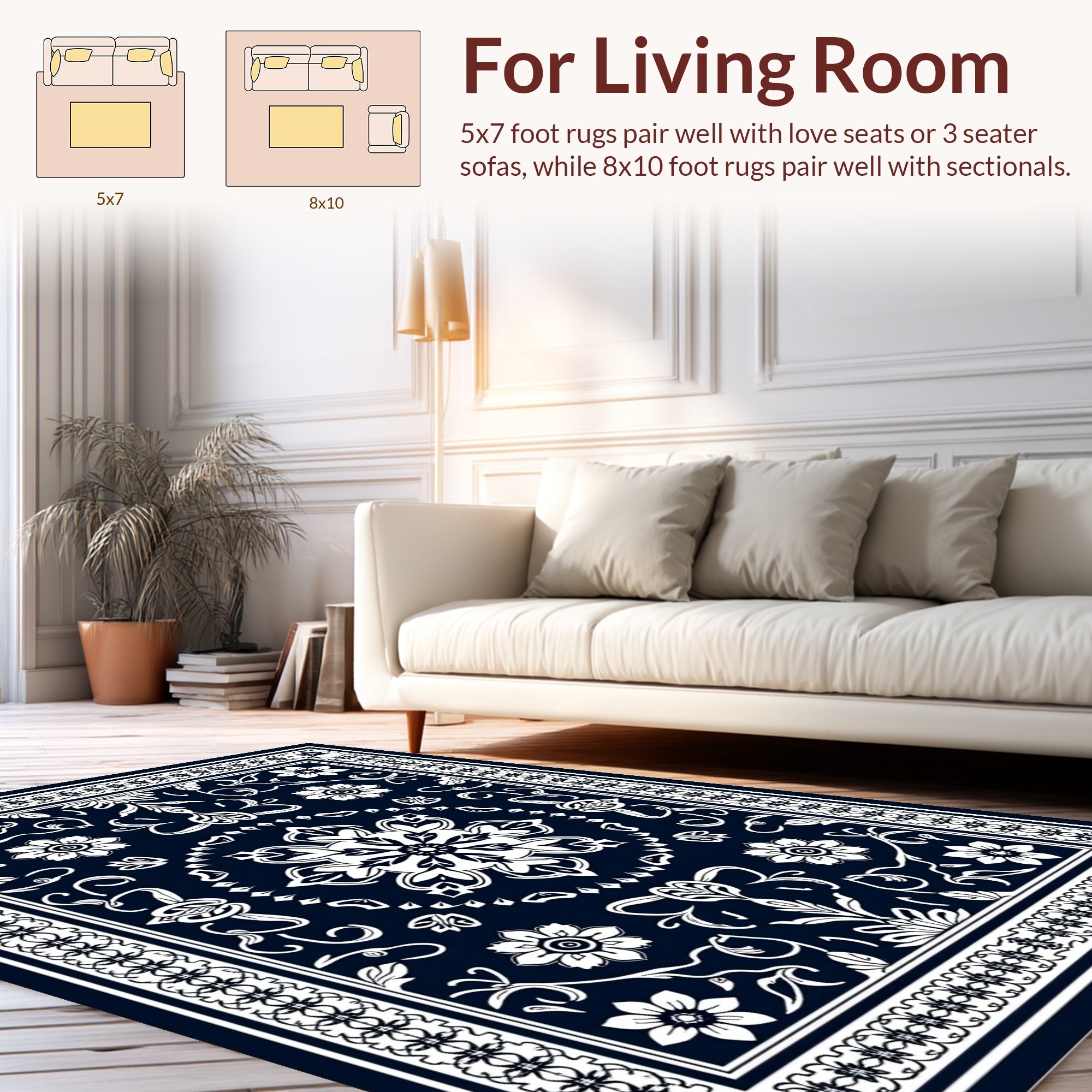 Dark Blue White Floral Medallion Design Rug