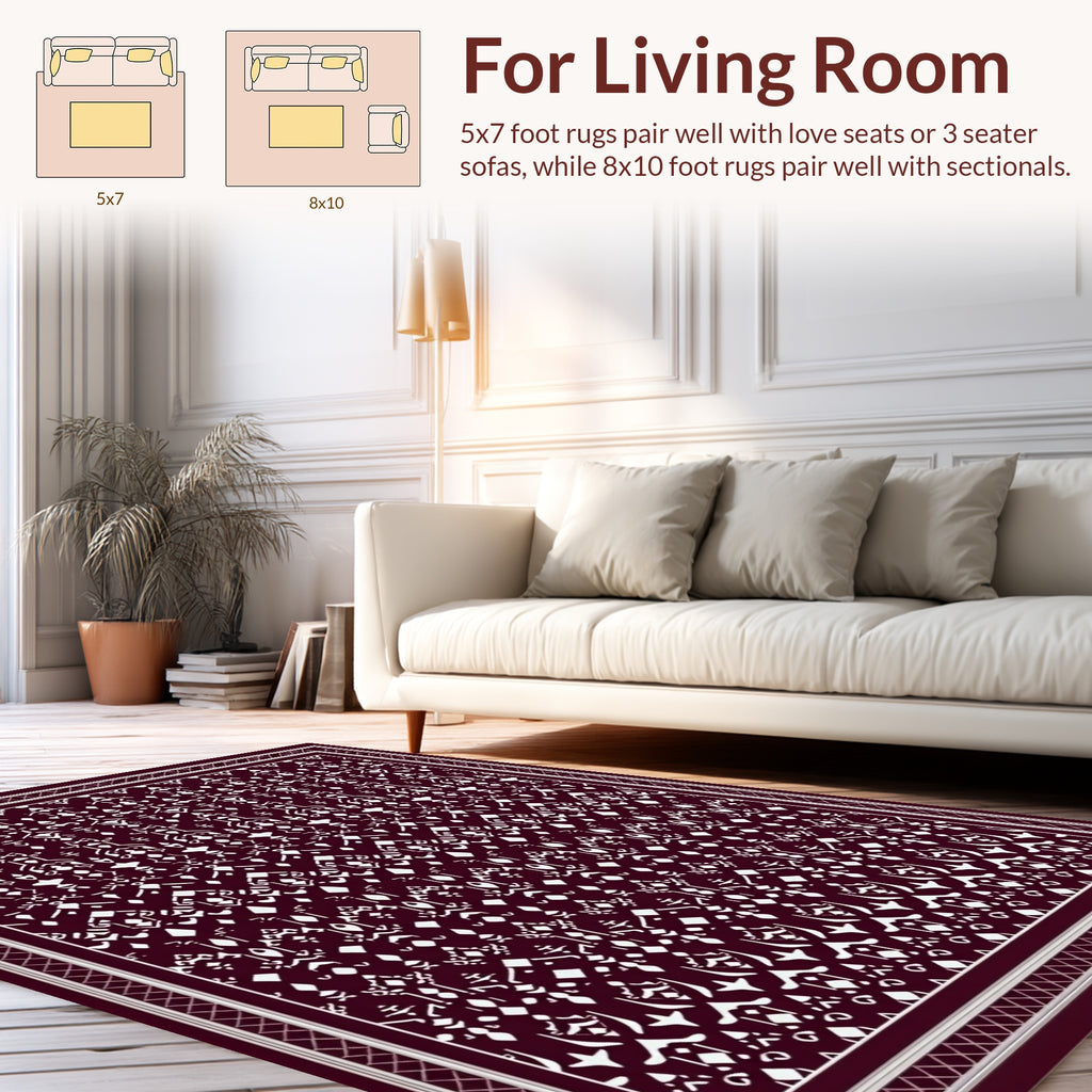 Dark Red White Intricate Pattern Design Rug