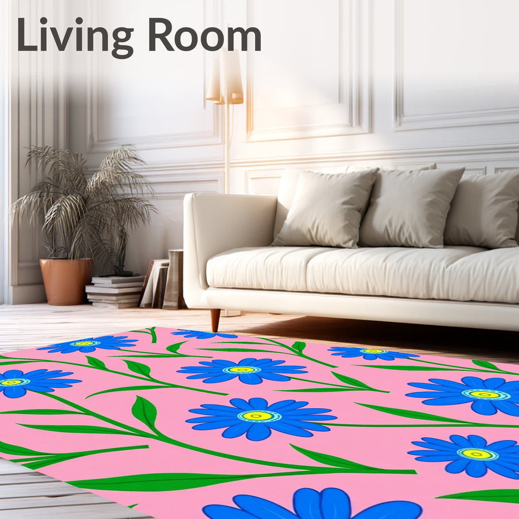 Whimsical Blue Floral Pink Garden Rug
