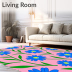 Whimsical Blue Floral Pink Garden Rug