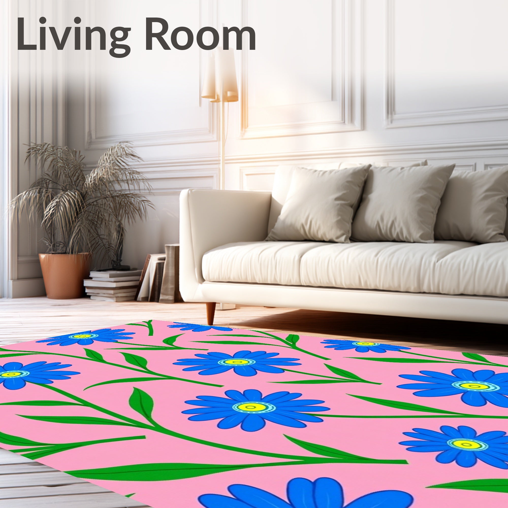 Whimsical Blue Floral Pink Garden Rug