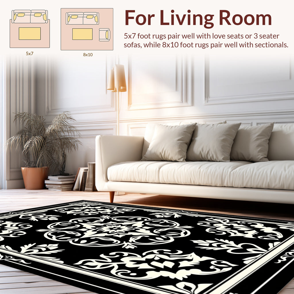 Ornate Black Cream Floral Medallion Rug