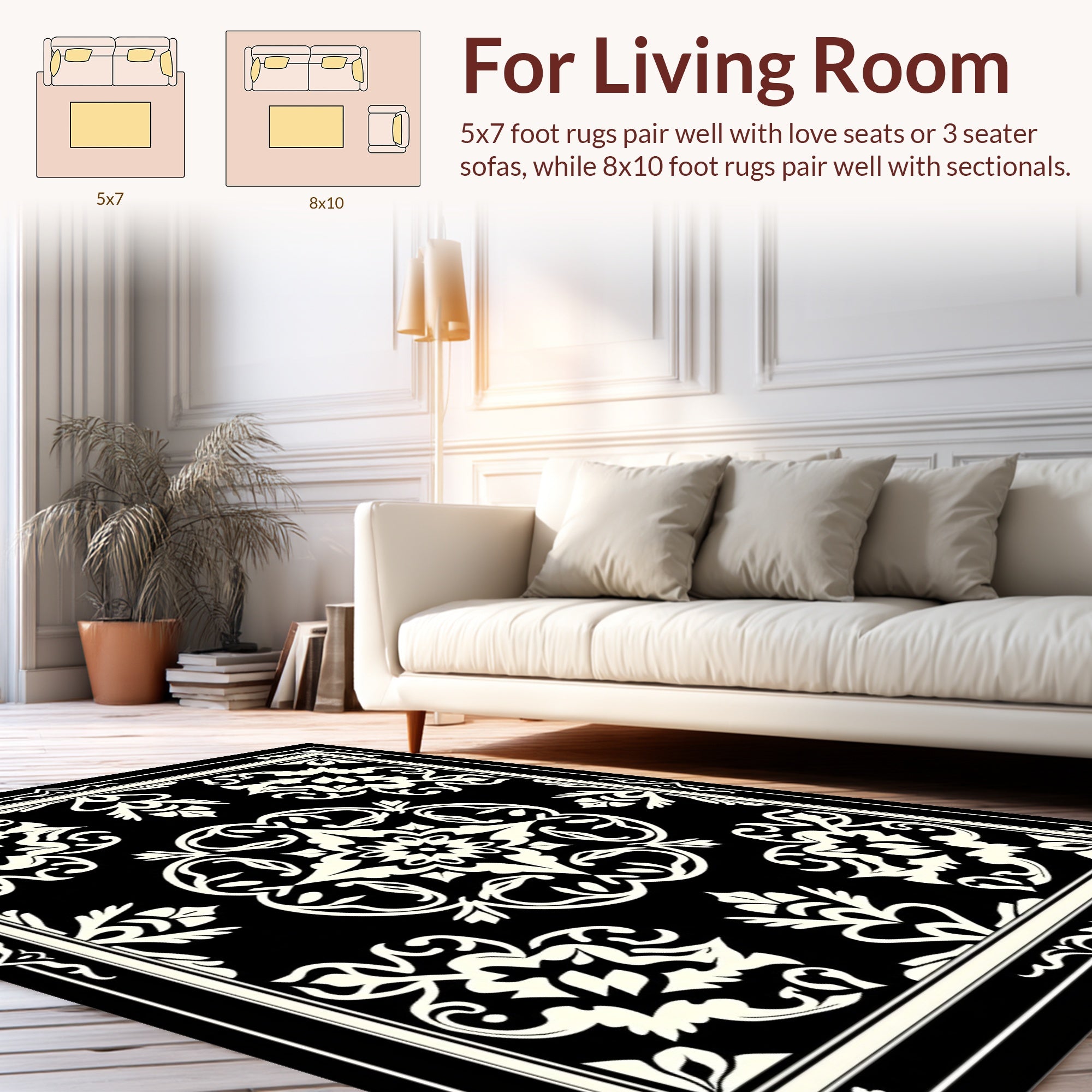 Ornate Black Cream Floral Medallion Rug