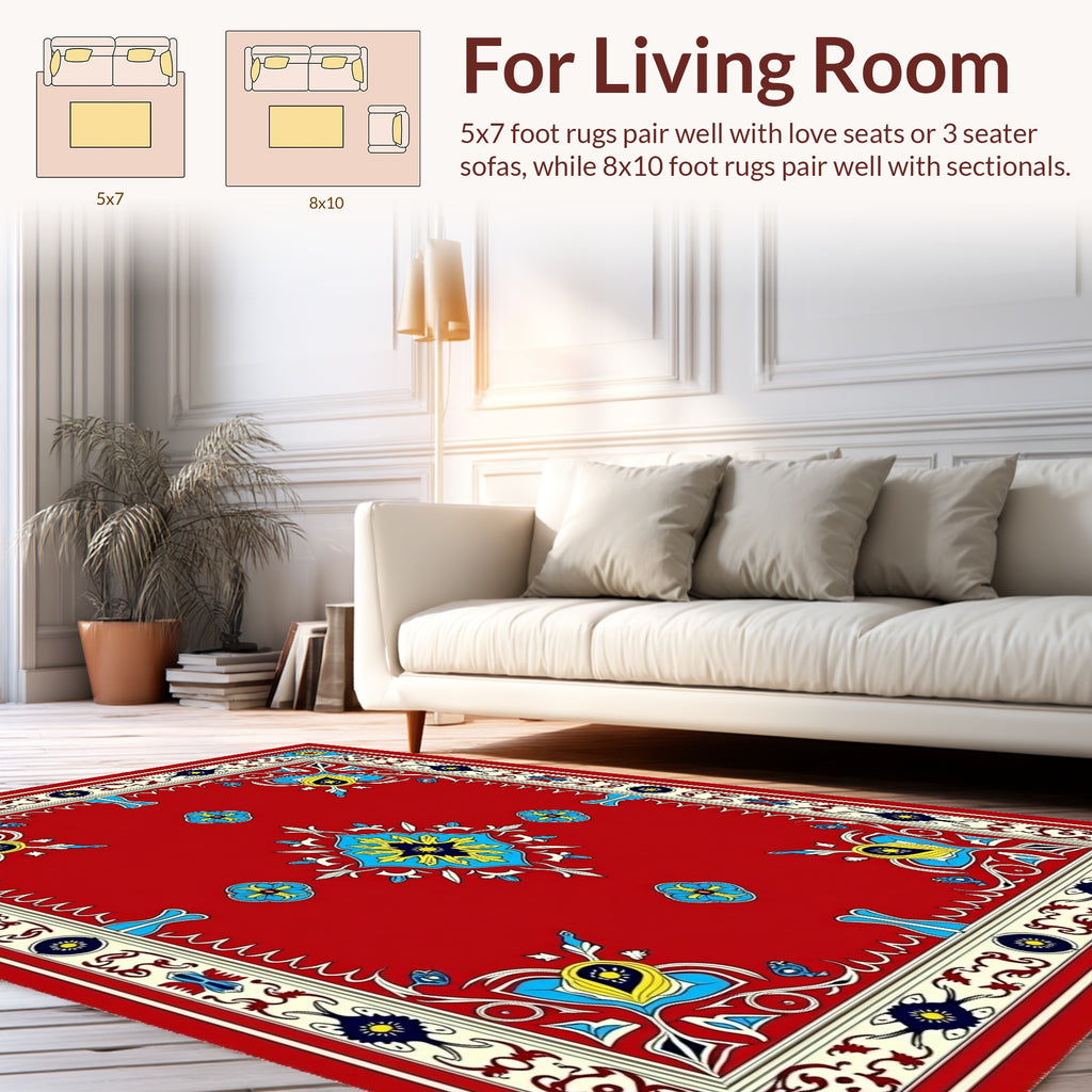 Vibrant Red Floral Medallion Border Design Rug