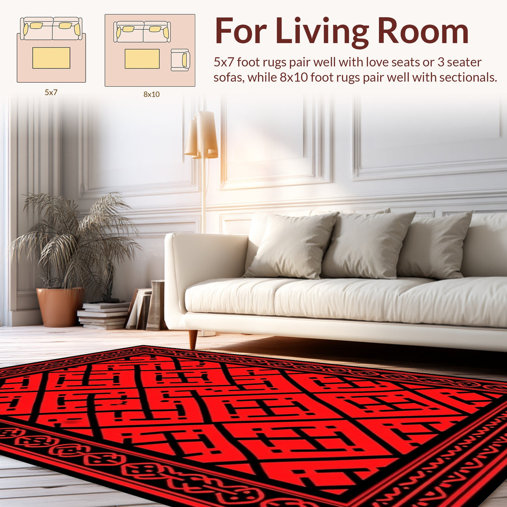 Bold Geometric Lattice Red Black Rug