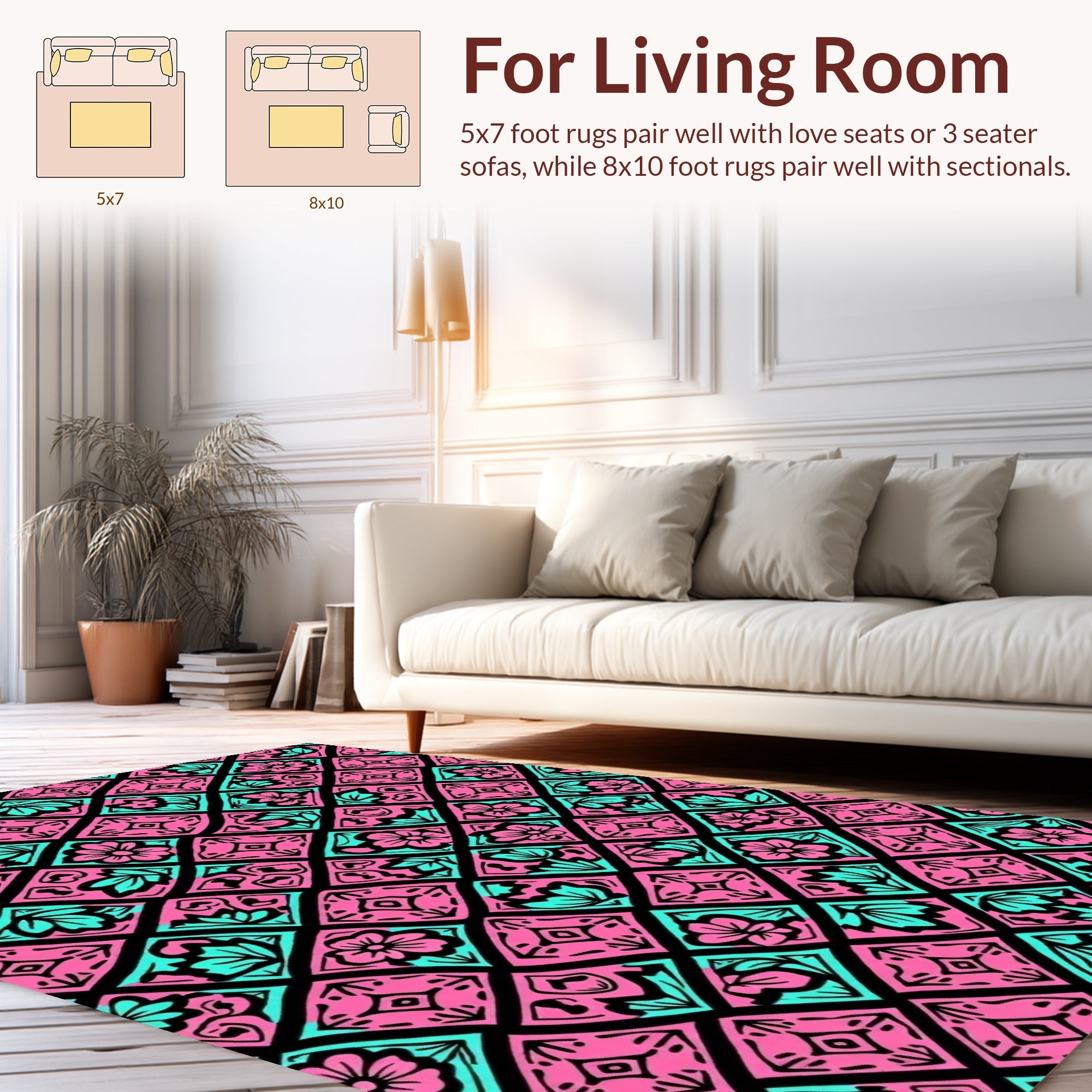 Pink Teal Floral Diamond Pattern Rug