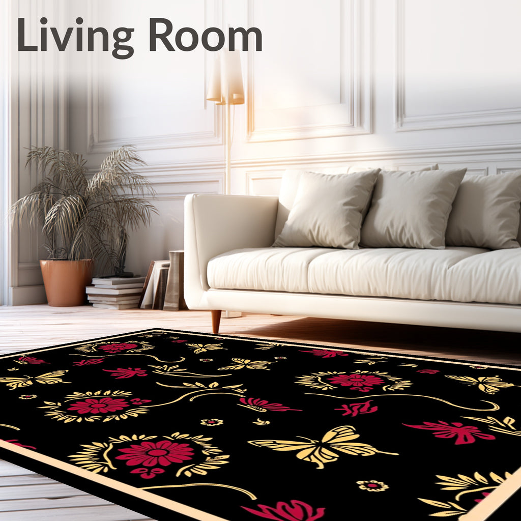 Crimson Gold Butterfly Floral Swirl Rug