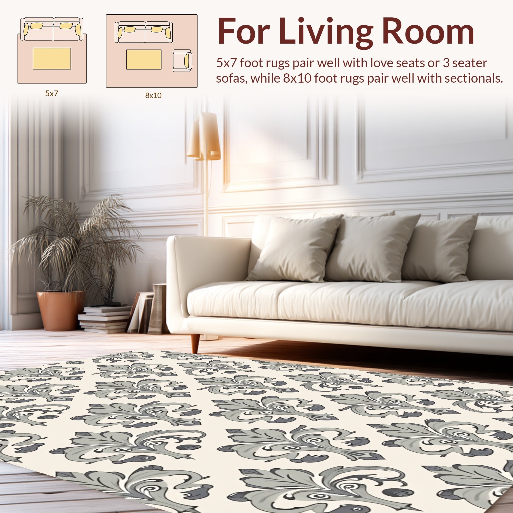 Elegant Gray Floral Damask Pattern Rug