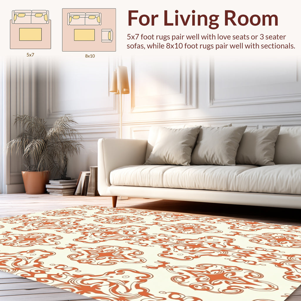Orange White Ornate Scroll Pattern Rug