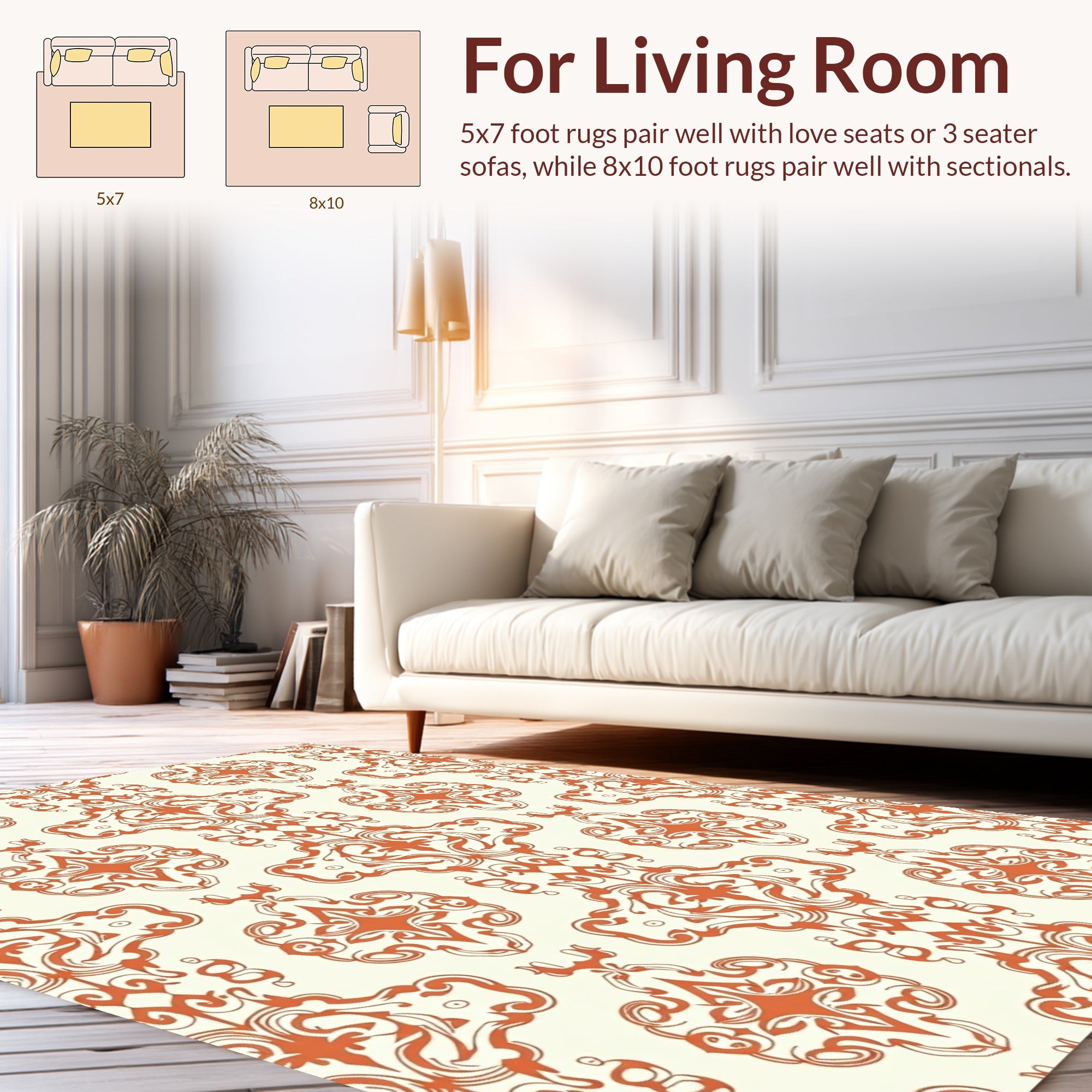 Orange White Ornate Scroll Pattern Rug