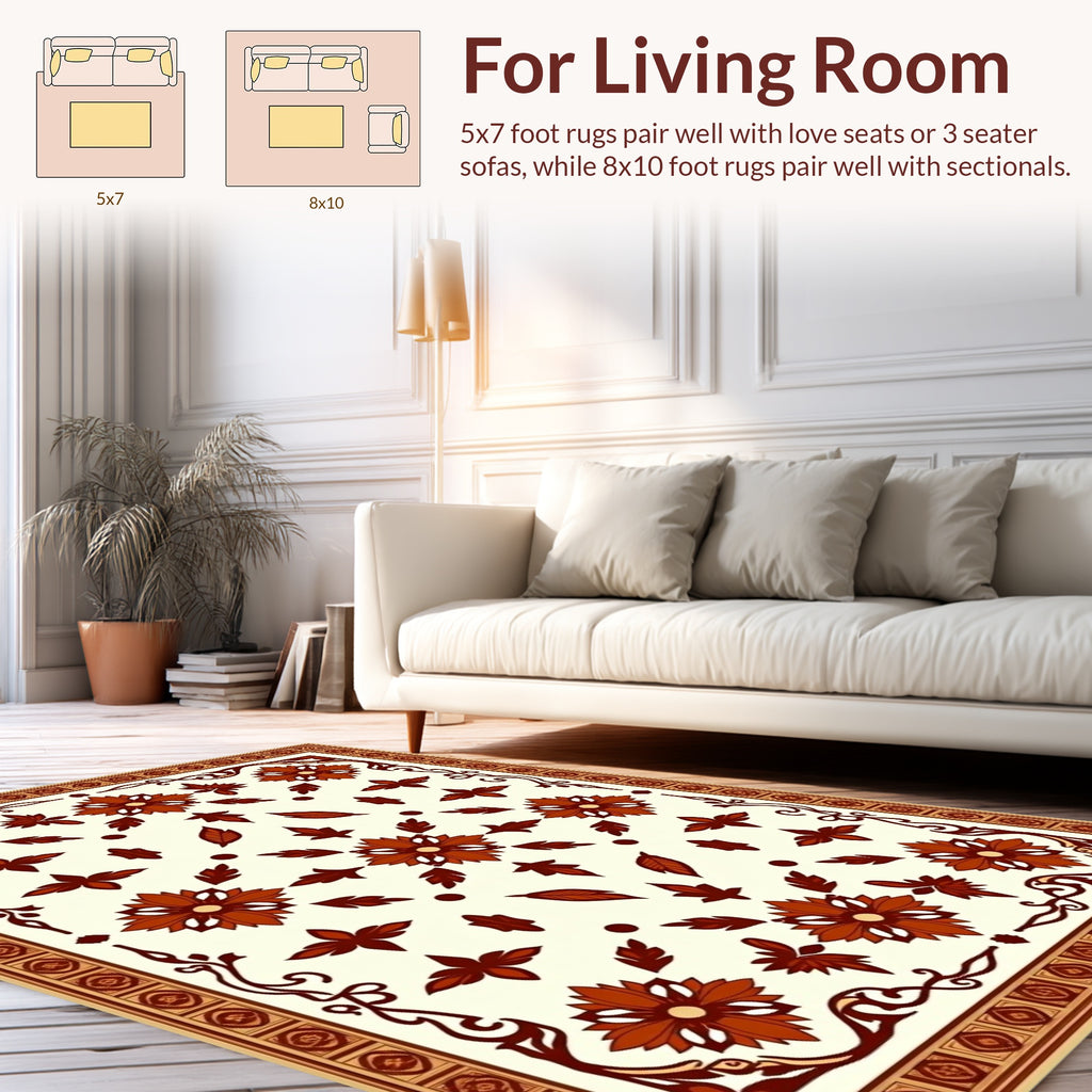 Terracotta Floral Leaf Pattern Rug