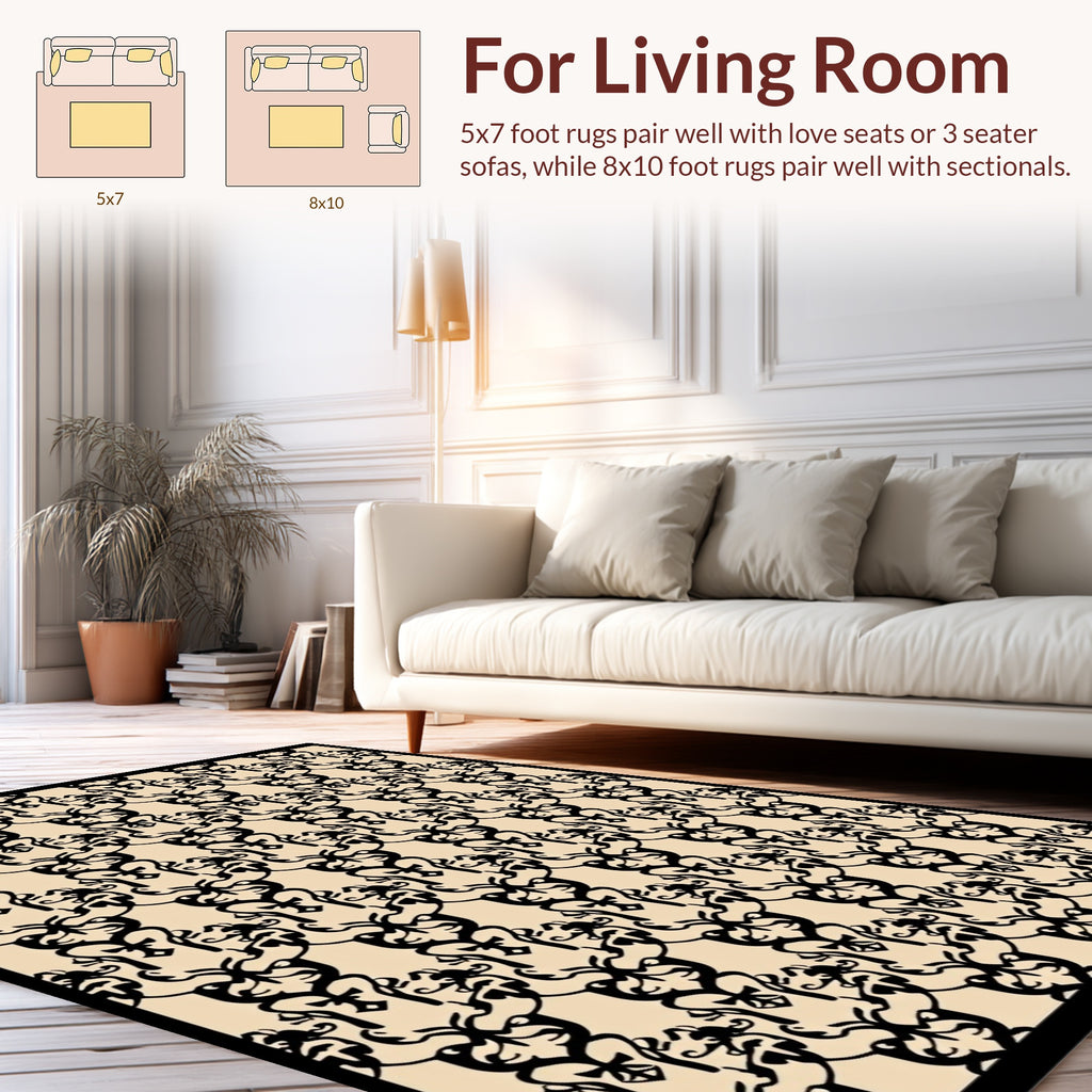 Ornate Black Scrollwork Pattern Rug