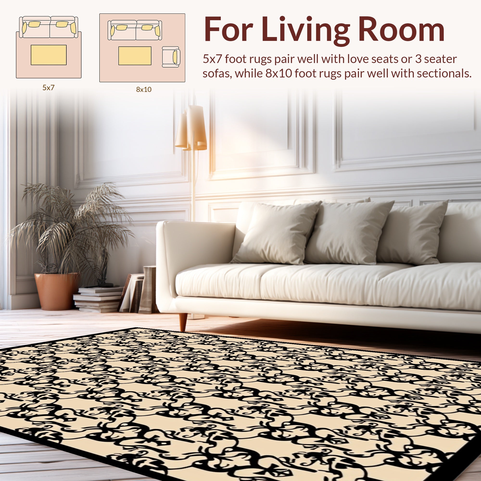 Ornate Black Scrollwork Pattern Rug