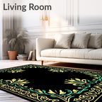 Ornate Yellow Teal Floral Border Frame Rug