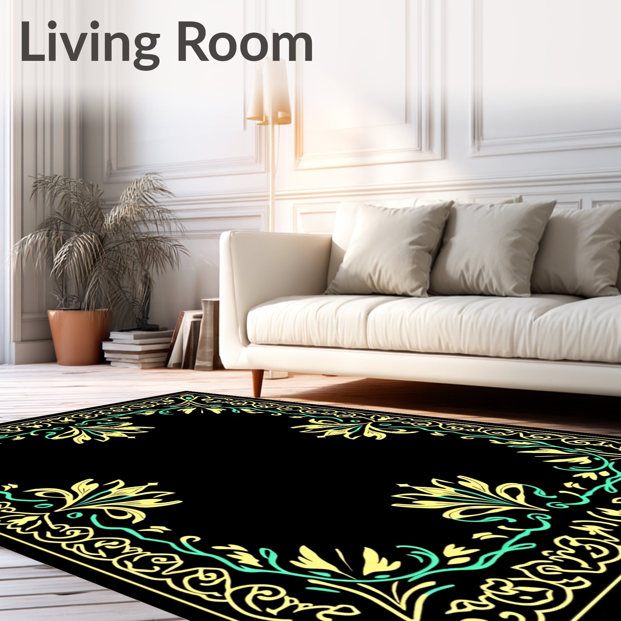 Ornate Yellow Teal Floral Border Frame Rug