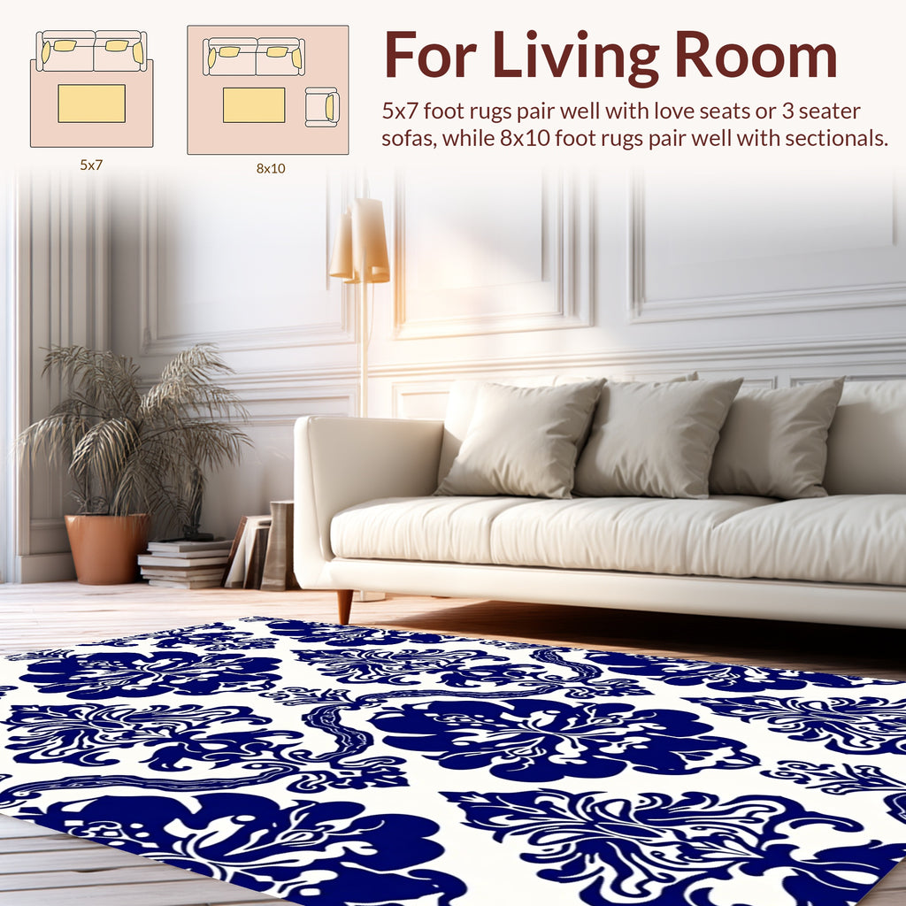 Traditional Blue White Damask Floral Rug