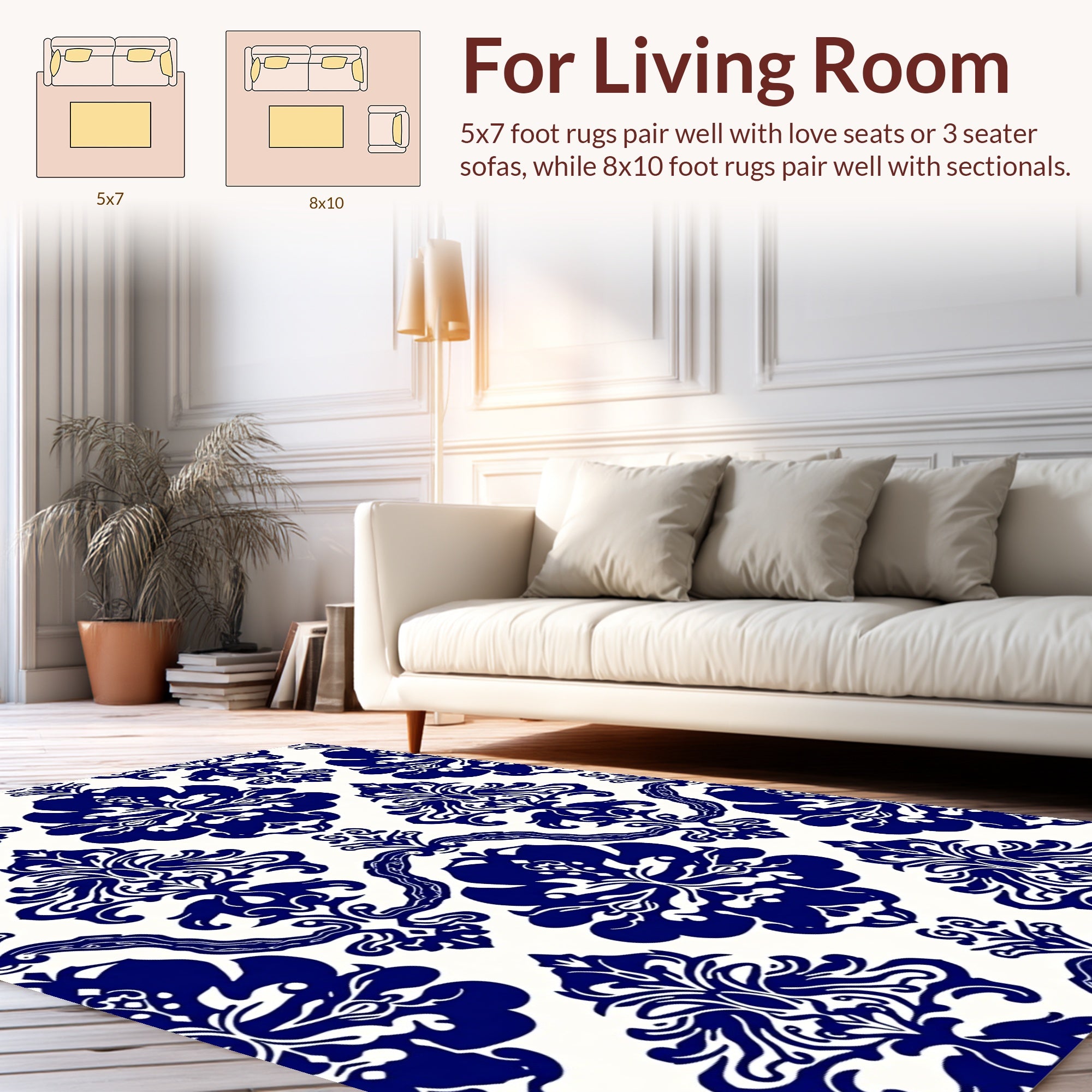 Traditional Blue White Damask Floral Rug