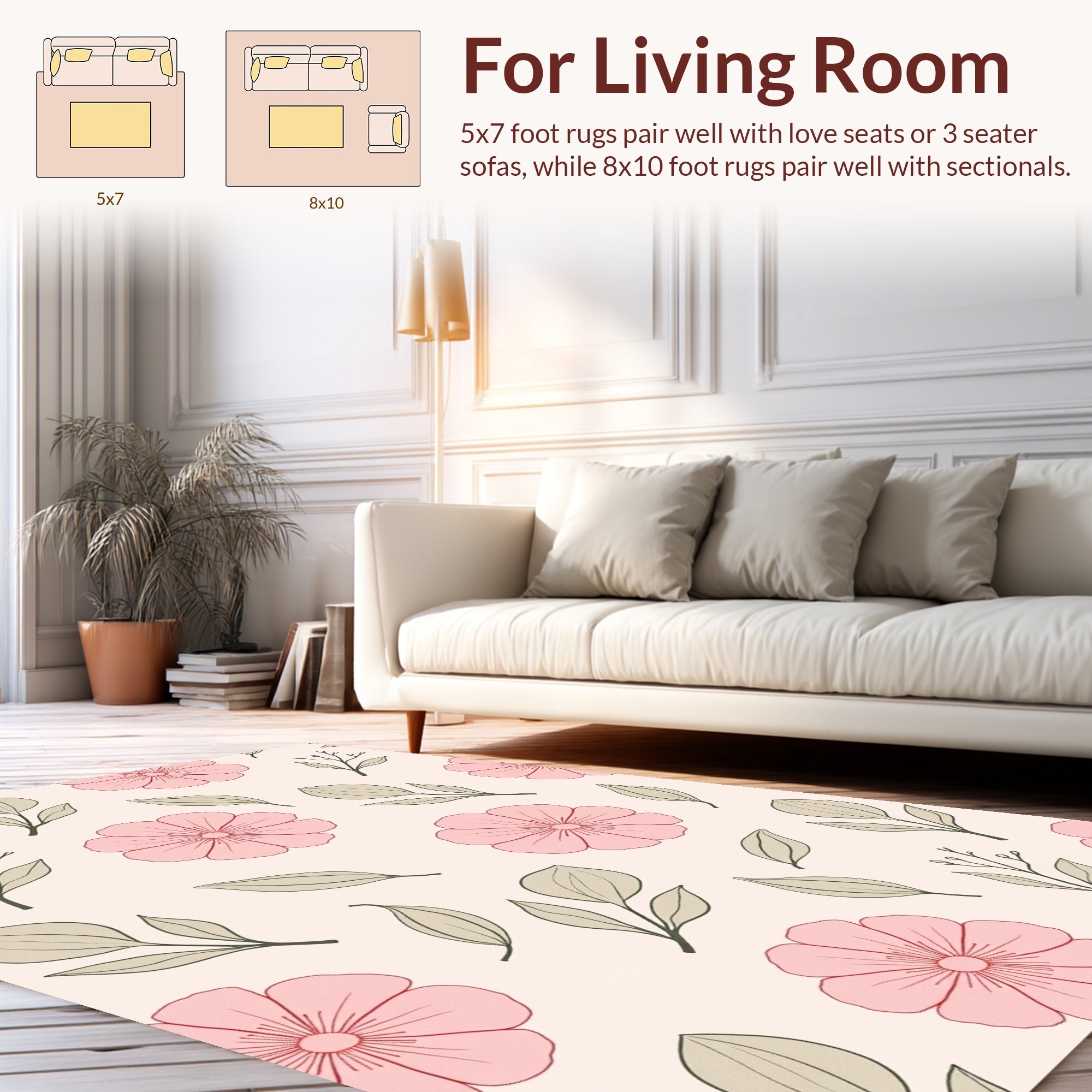 Delicate Pink Blossom Leaf Pattern Rug