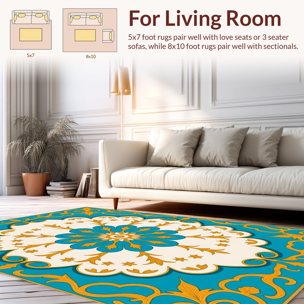 Turquoise Floral Medallion Swirl Pattern Rug