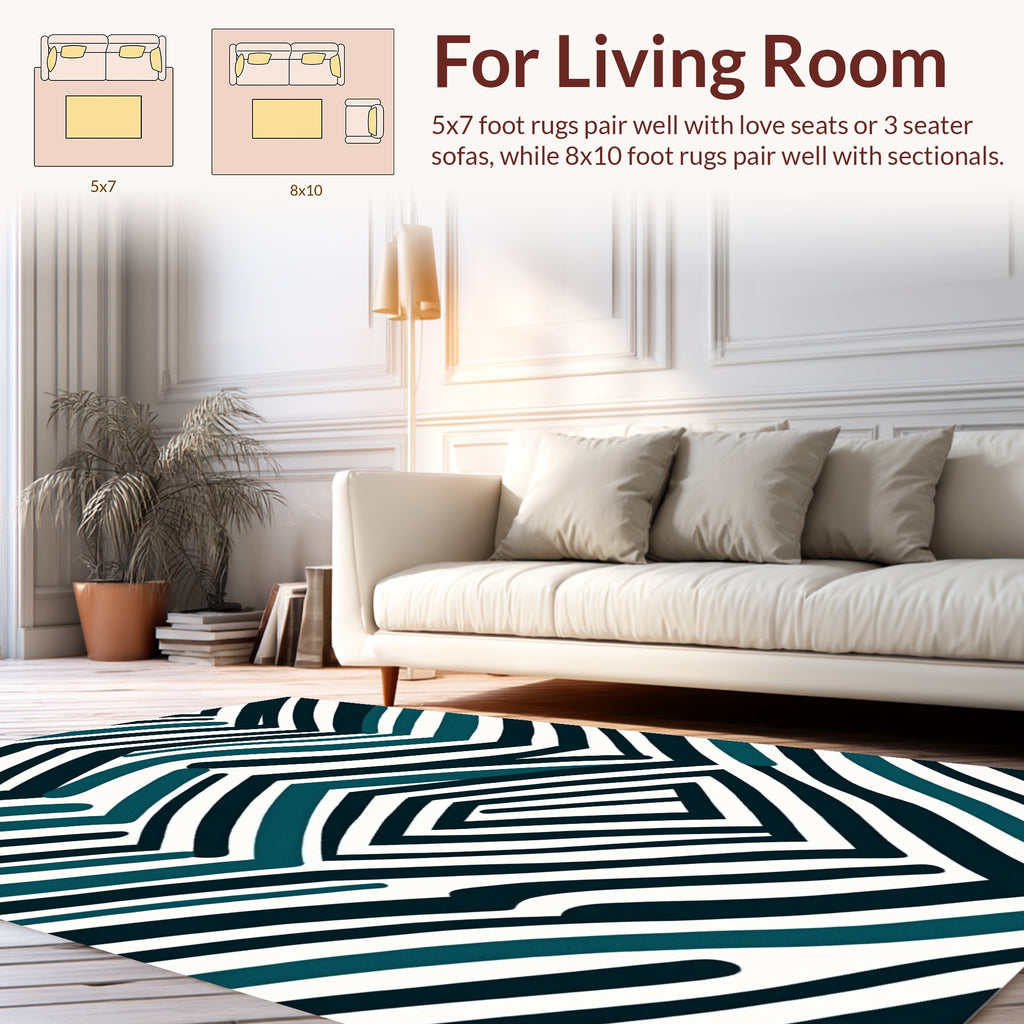 Abstract Teal Navy Wavy Stripe Rug