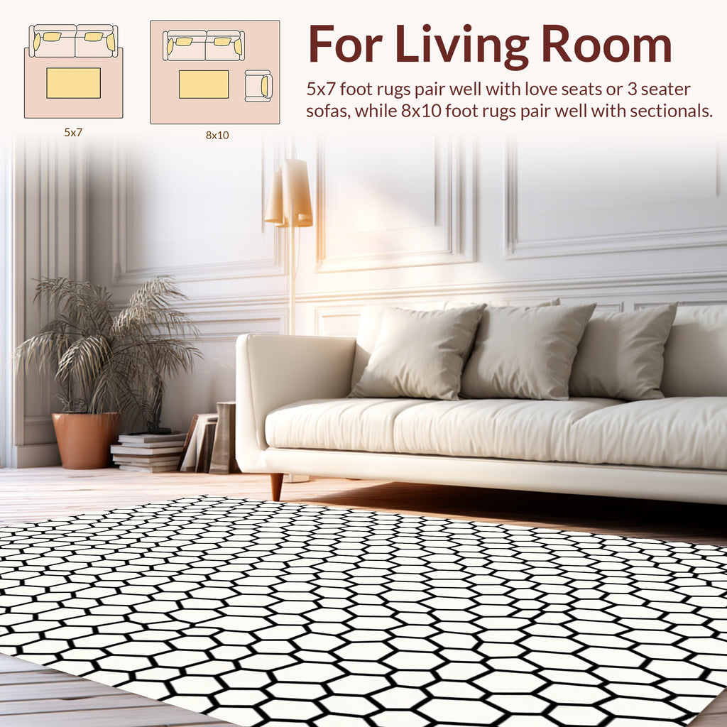 Abstract Black White Hexagon Pattern Rug