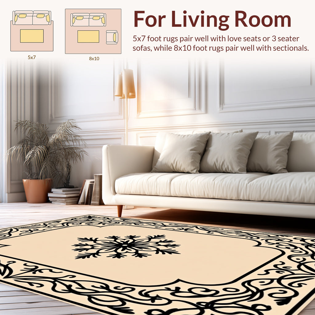 Ornate Floral Scrollwork and Snowflake Motif Rug