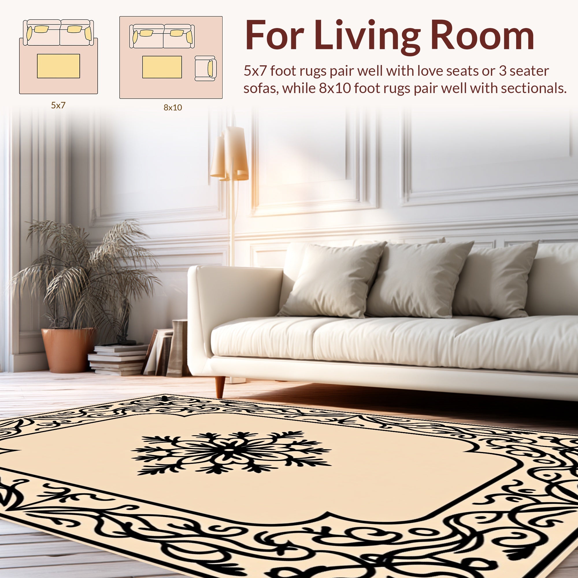 Ornate Floral Scrollwork and Snowflake Motif Rug