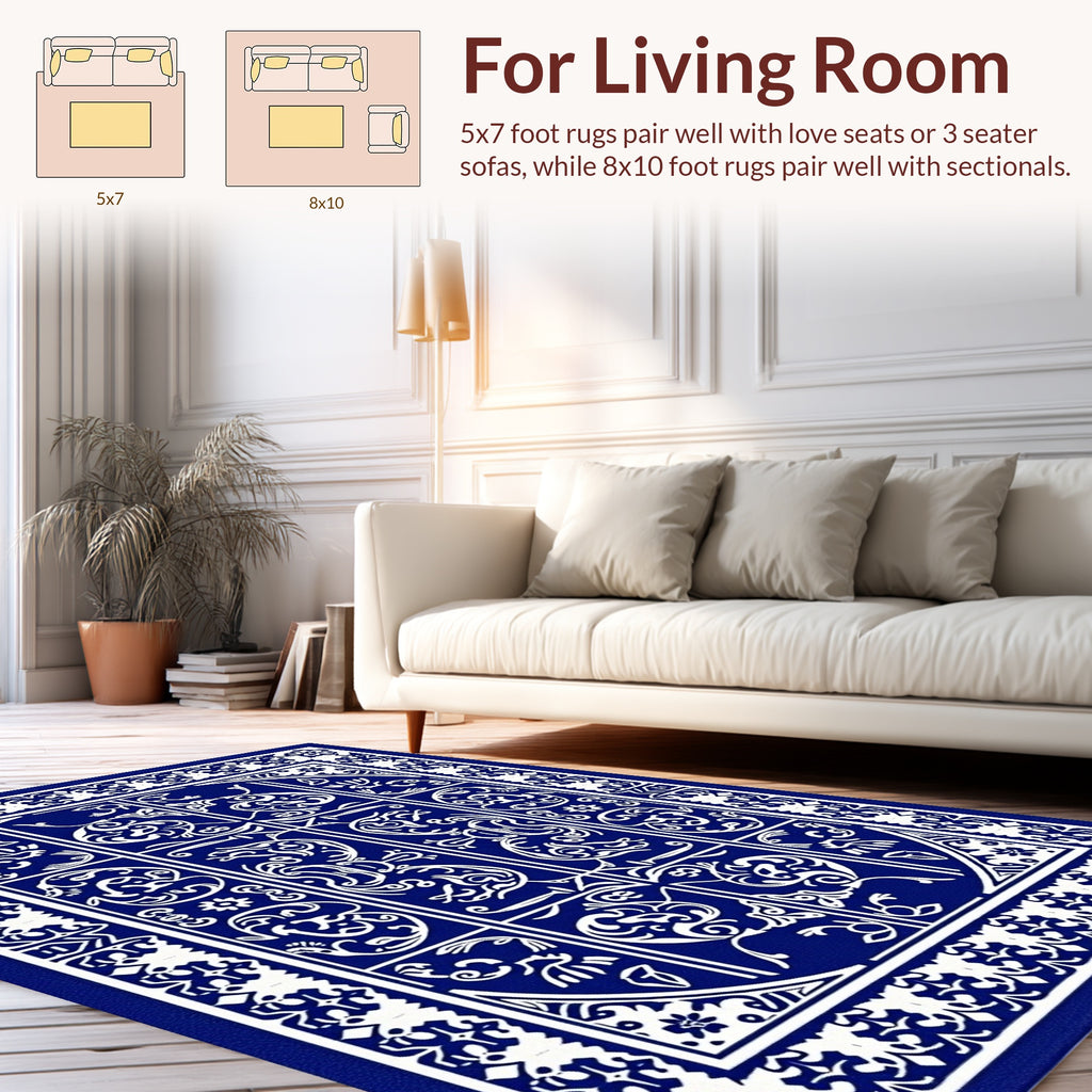 Intricate Blue White Scrollwork Rug