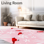 Red Birds White Ferns Pink Background Rug