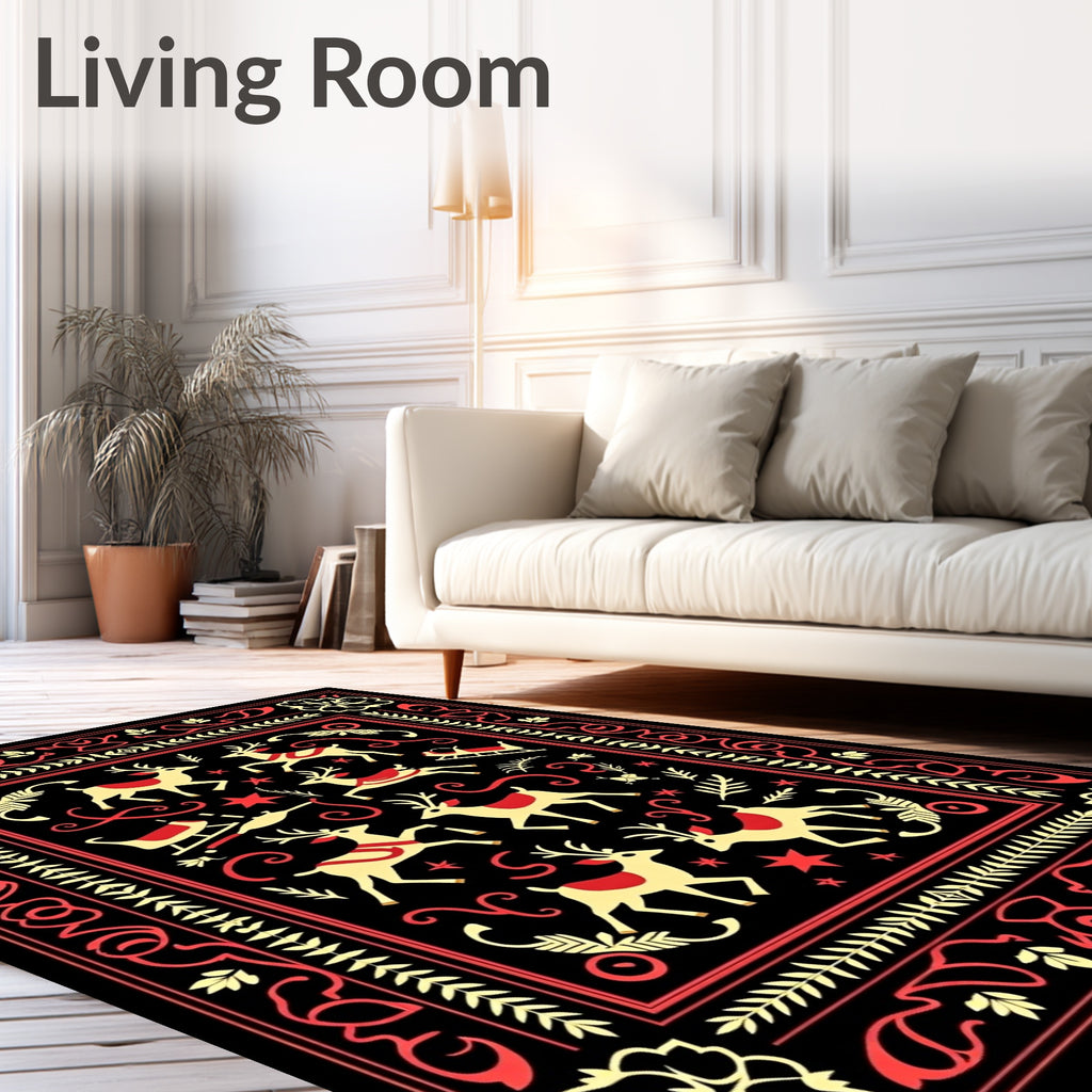 Crimson Deer Sleigh Folk Art Rug