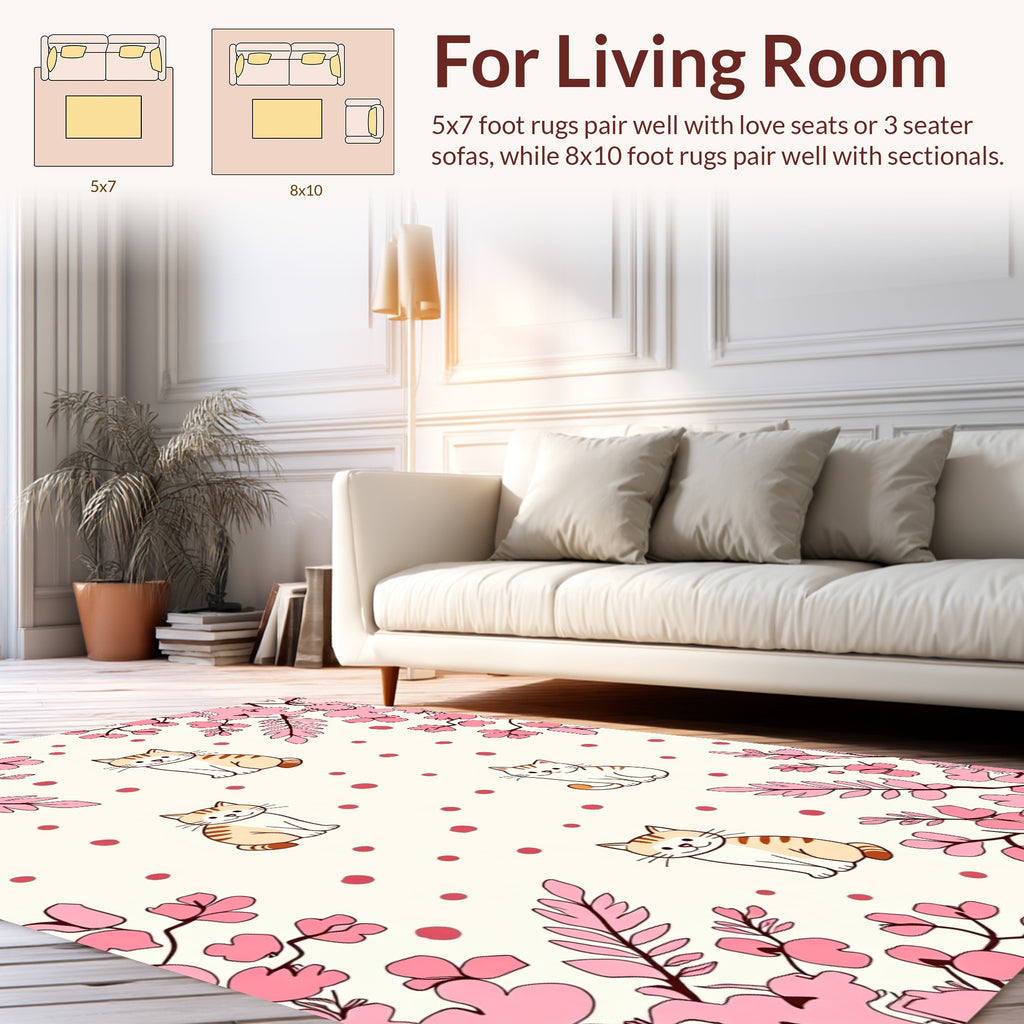 Whimsical Pink Floral Cat Pattern Rug