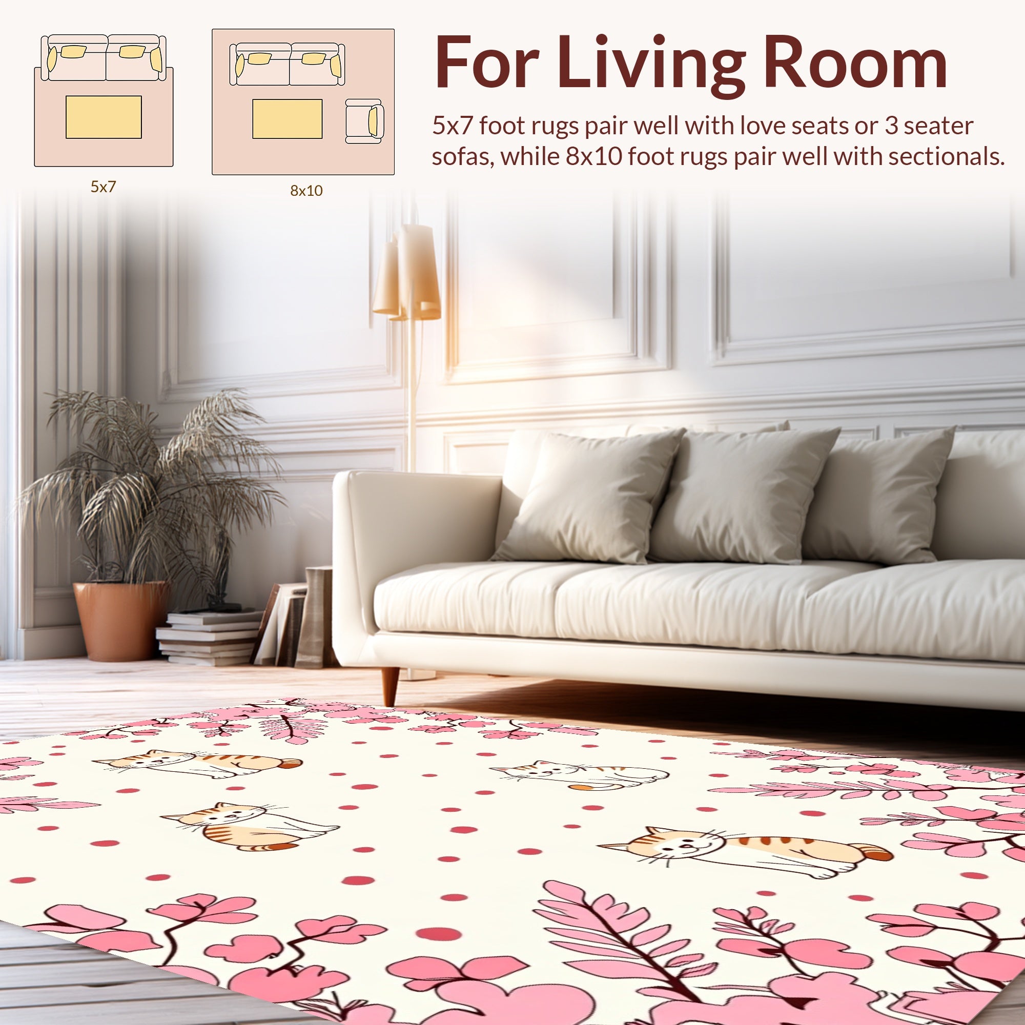 Whimsical Pink Floral Cat Pattern Rug