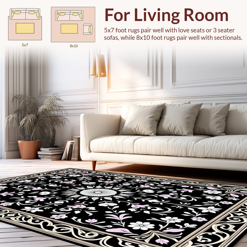 Elaborate Floral Medallion Black Rug