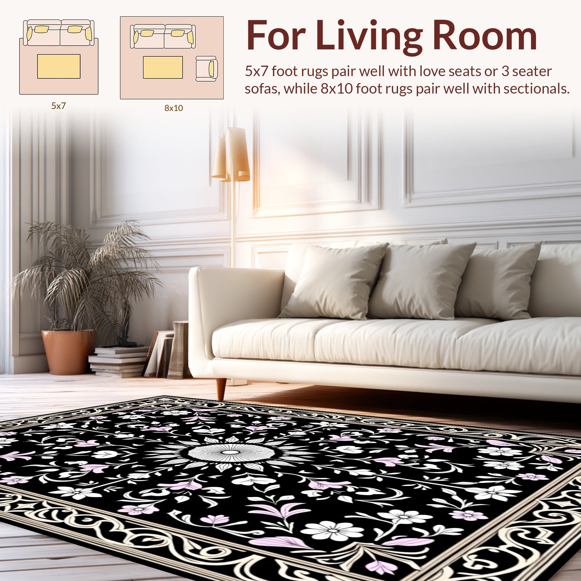 Elaborate Floral Medallion Black Rug