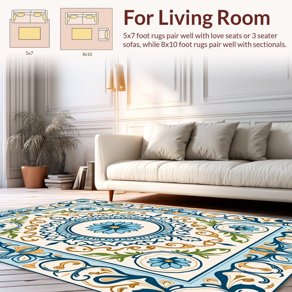 Floral Mandala Blue Gold Rug